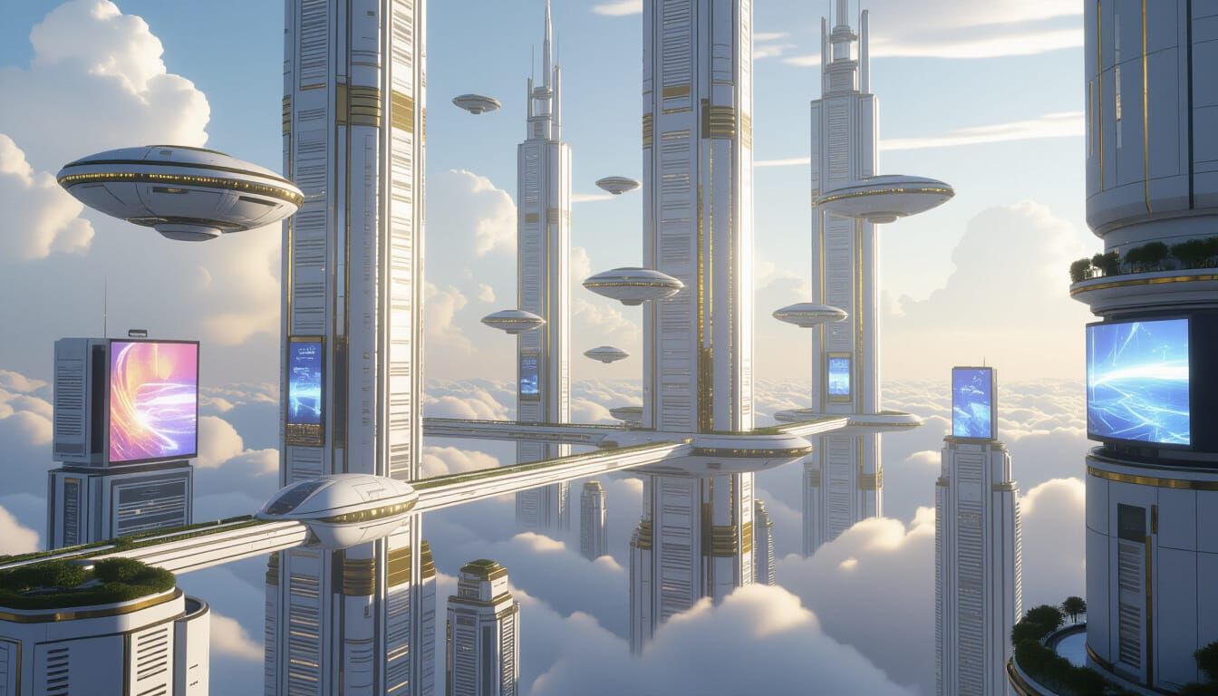 Utopian Cyberpunk Cityscape with Floating Skyscrapers