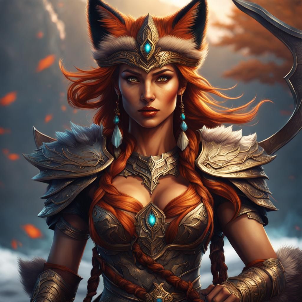 Fox Warrior Woman: Detailed Matte Painting