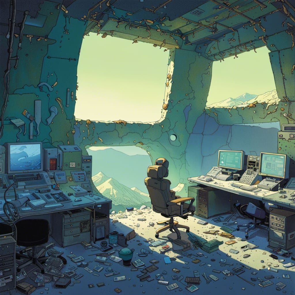 Abandoned Sci-Fi Office Interior in Ligne Claire Style