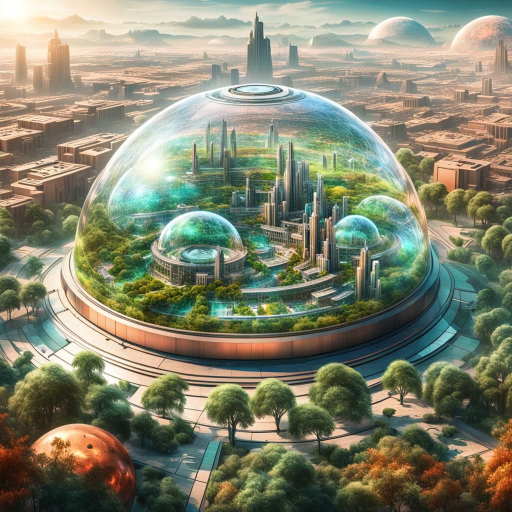 Futuristic Martian City Under Dome: Cosmic Illustration
