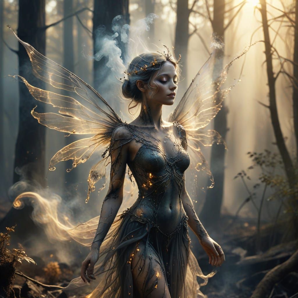 Ashen Fairy in Charred Forest, Surreal Watercolor