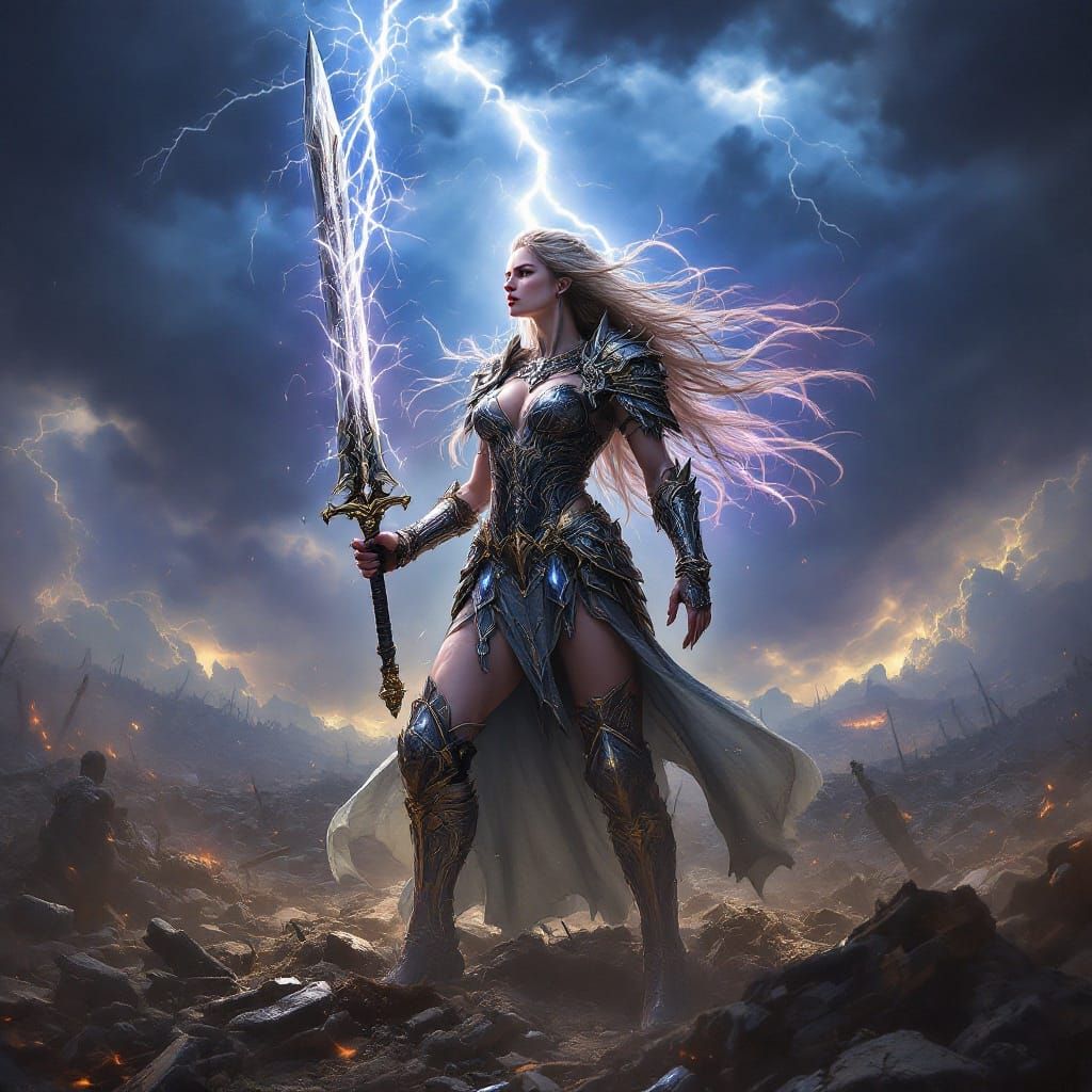 Dark Fantasy Valkyrie on a War-Torn Battlefield