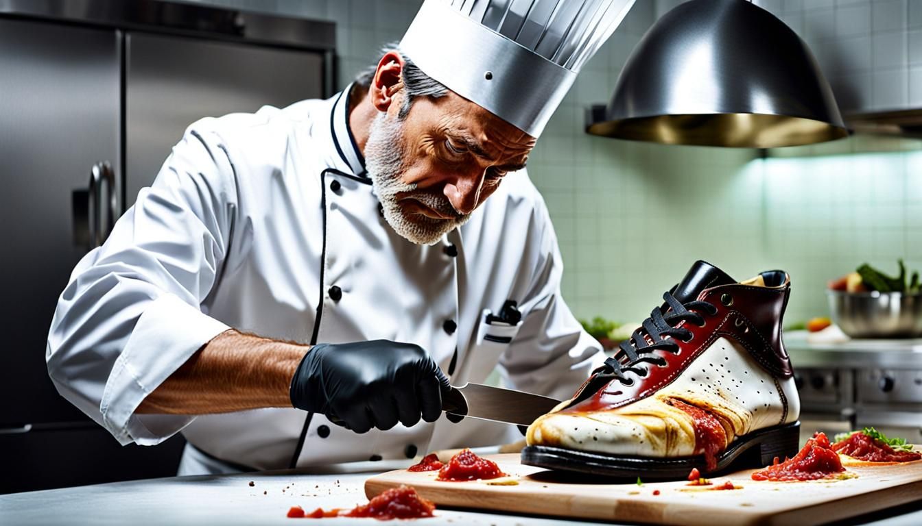 Chef Nervously Slices Shoe in Hyperrealistic Detail
