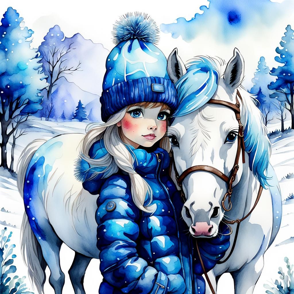 Girl and Pony with Sapphire Bridle: Watercolor Art