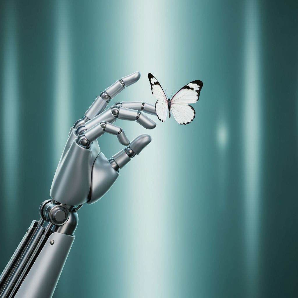 Robotic Hand Gently Holds Butterfly in Futuristic Serenity