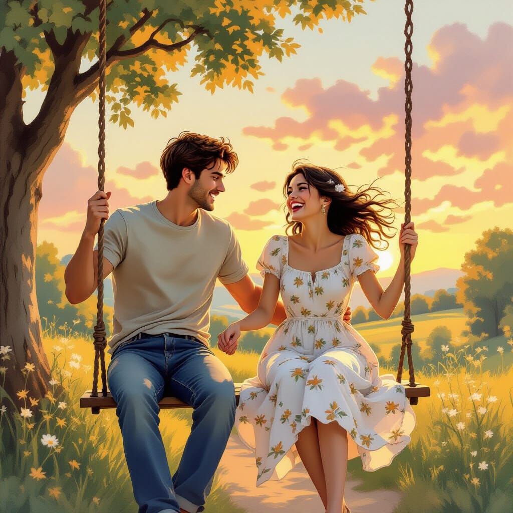Joyful Couple on Swing at Sunset in Whimsical Watercolor Sty...