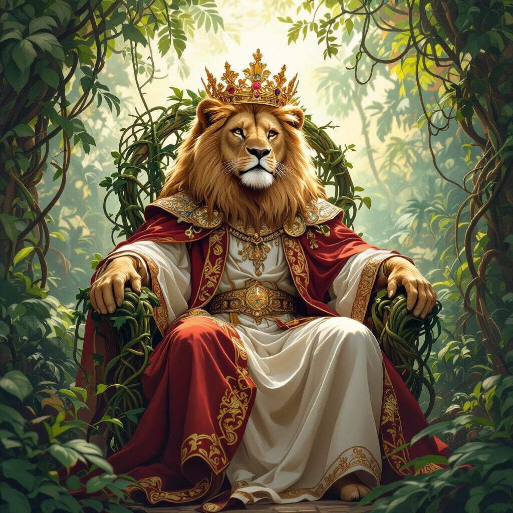 Regal Lion King in Jungle Temple, Art Nouveau Style