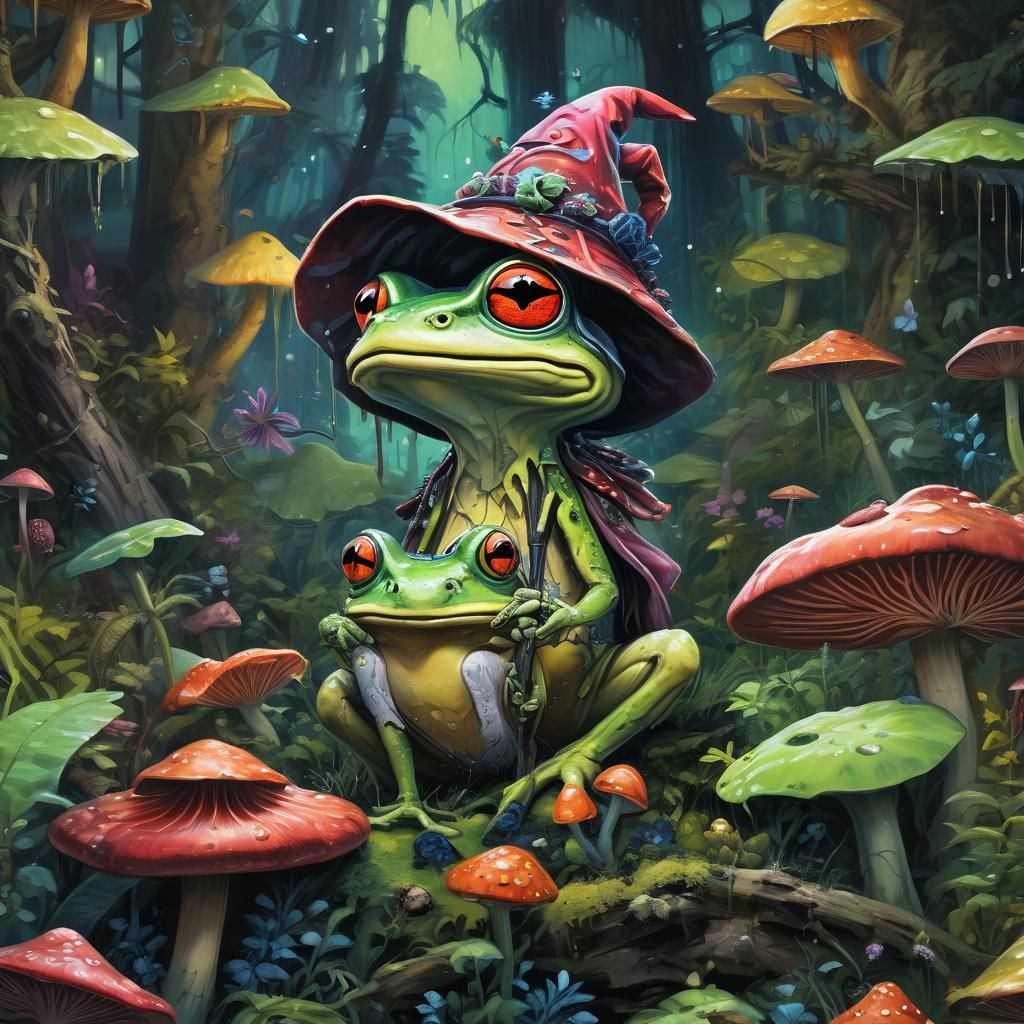 Frog Wizard in Mushroom Forest: Graffiti Street Art