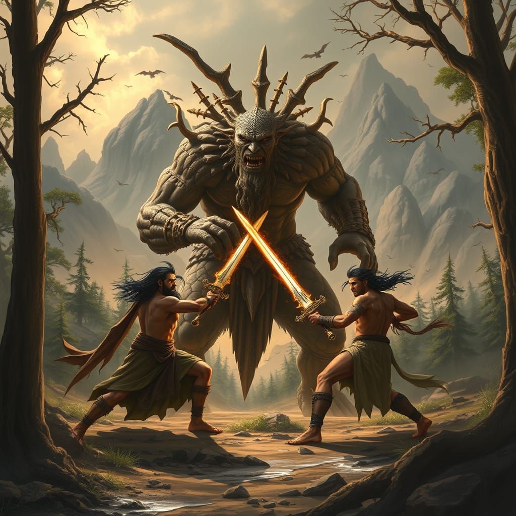 Gilgamesh and Enkidu Battle Humbaba in Ancient Forest