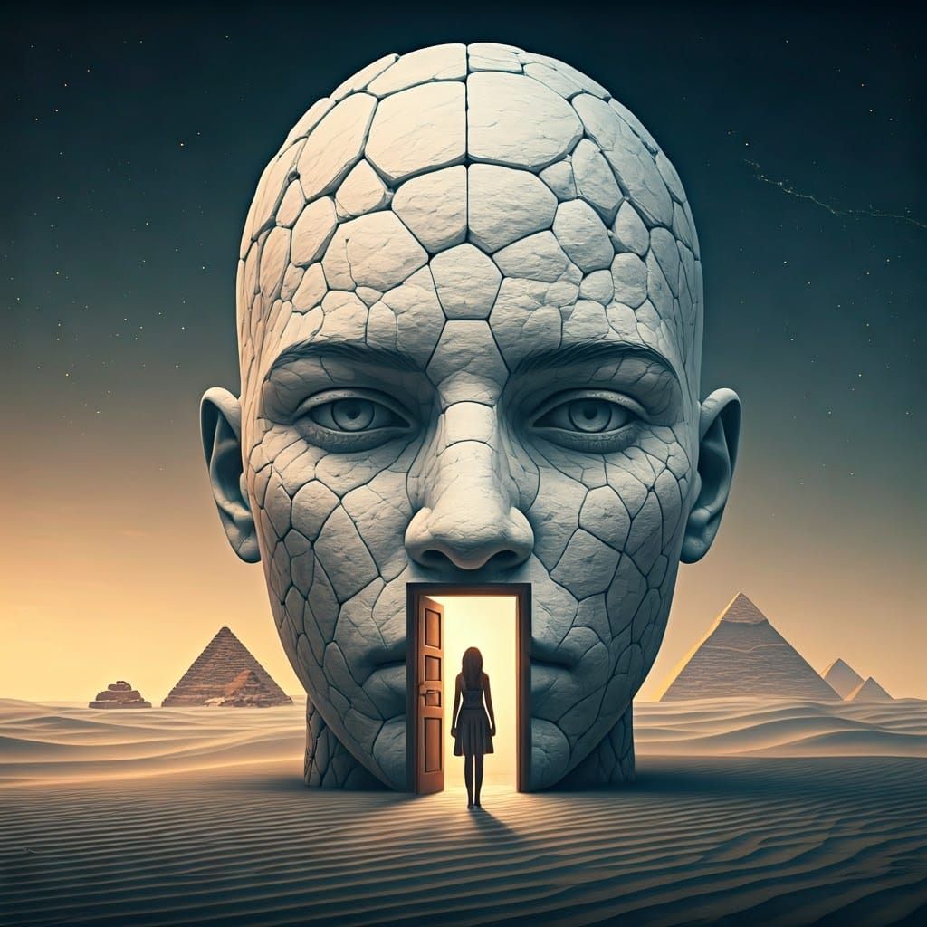 Surreal Rock Face with Desert View, Digital Art