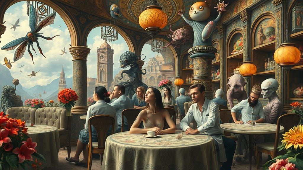 Surreal Cafe: Time-Blending Art in Hieronymus Bosch Style