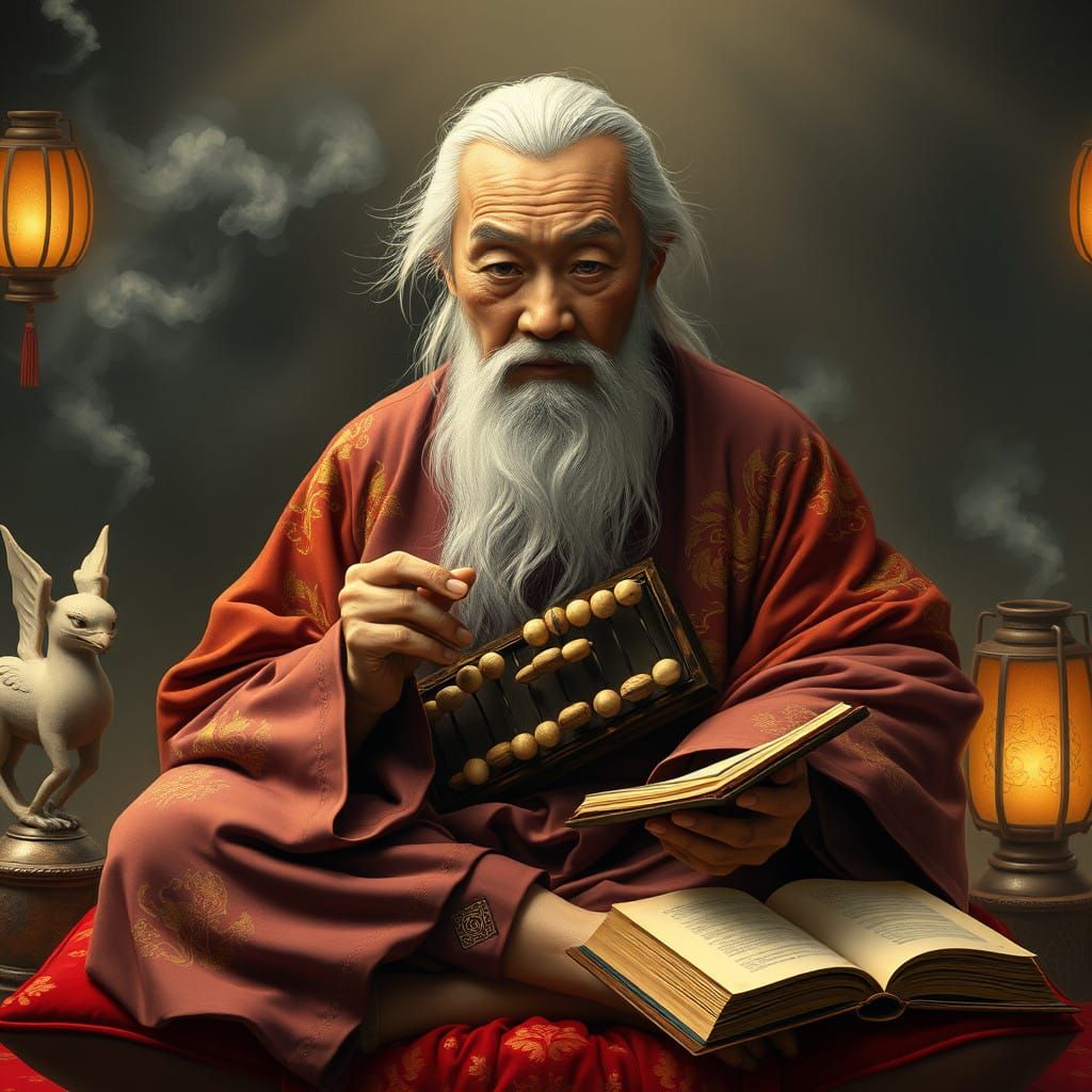Elderly Asian Sage in Silk Robes, Surrounded by Mystical Vis...