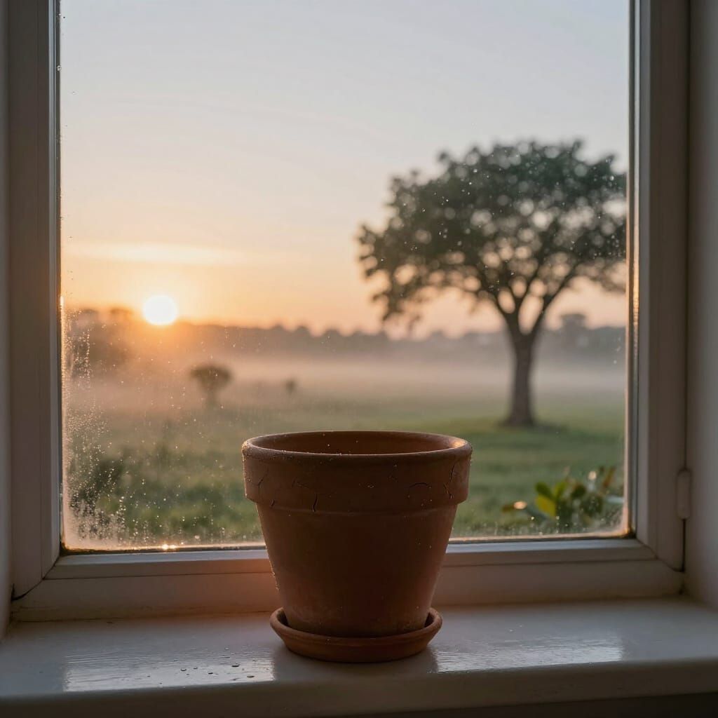 Old Terracotta Pot on Windowsill at Golden Hour