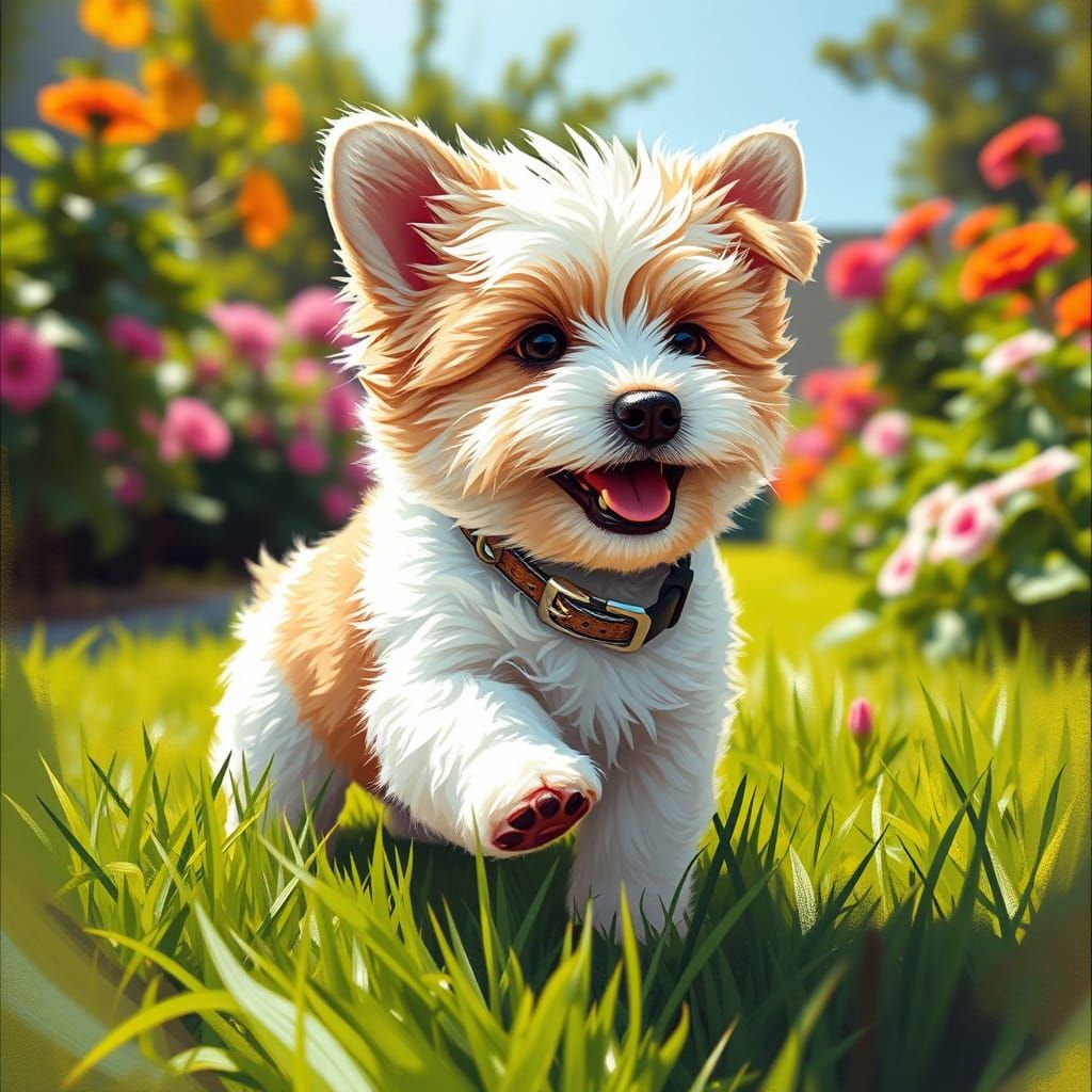 Fluffy Bichon Corgi Mix Puppy Plays in Sunny Garden