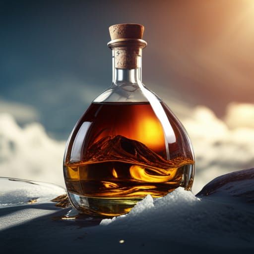 Whiskey Bottle in Snowy Mountain Landscape