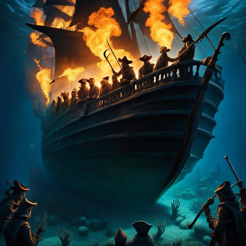Flaming Skeleton Ghost Pirates on Sunken Ship
