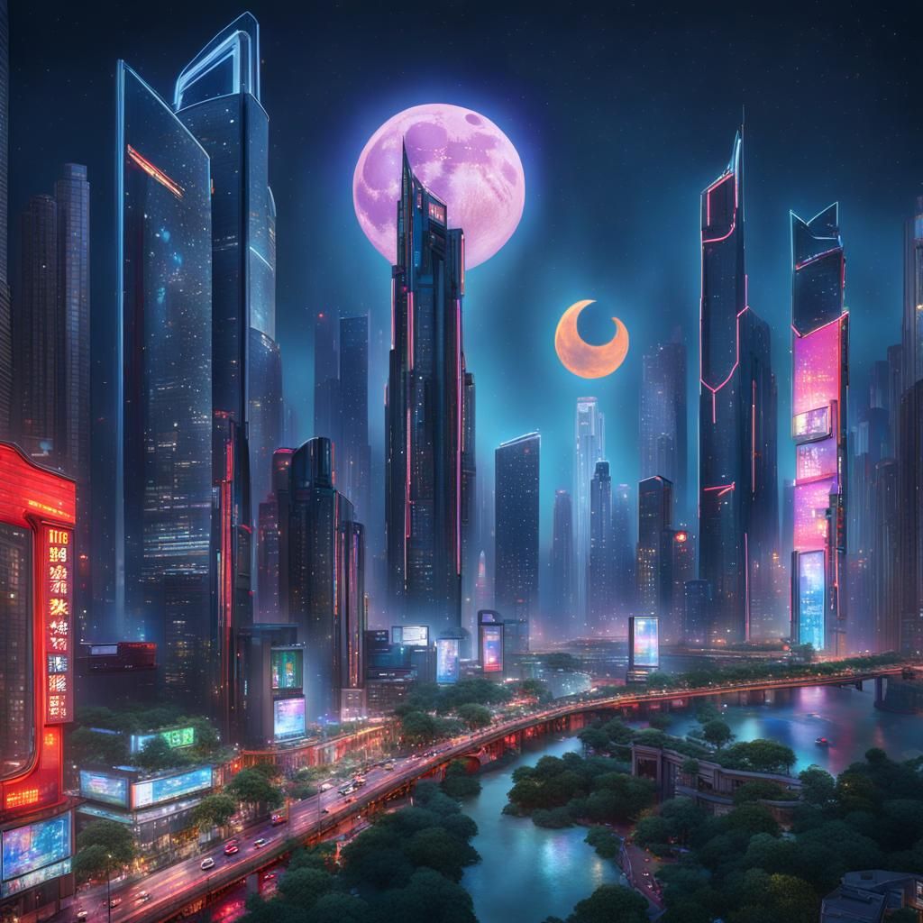 Guangzhou Cityscape with Neon Lights in Dream Style