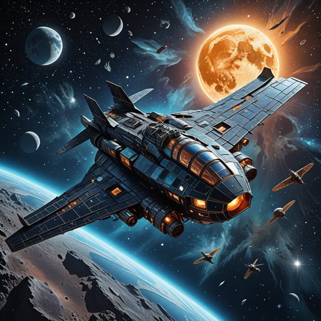 Bird of Prey Spaceship Over Barren Moon