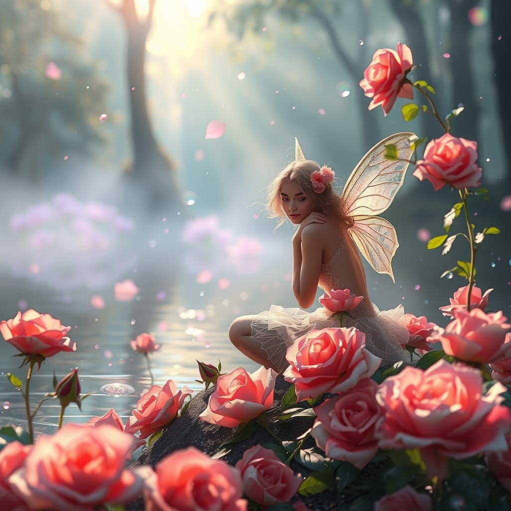 Ethereal Fairy Lost in Vibrant Forest Lake Dream