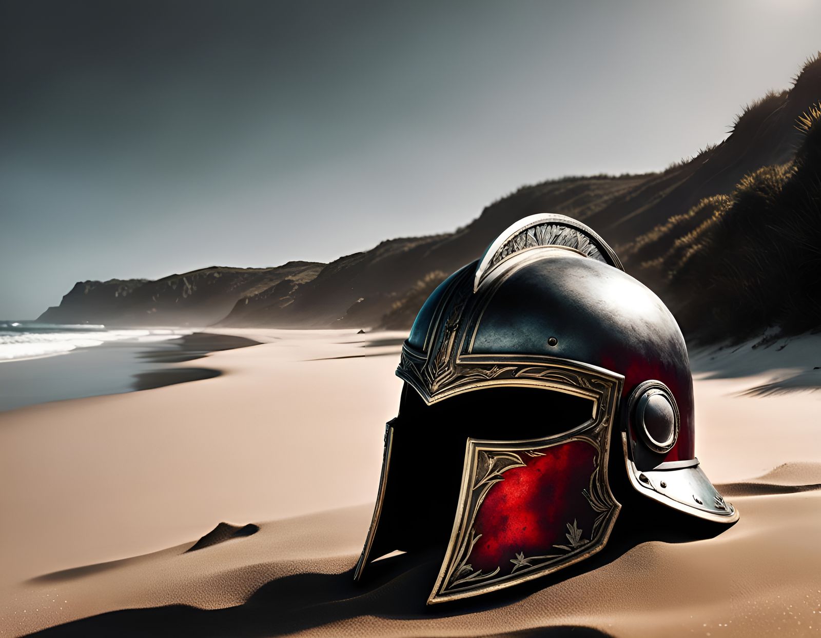 Bloodstained Spartan Helmet on a Beach, Digital Art