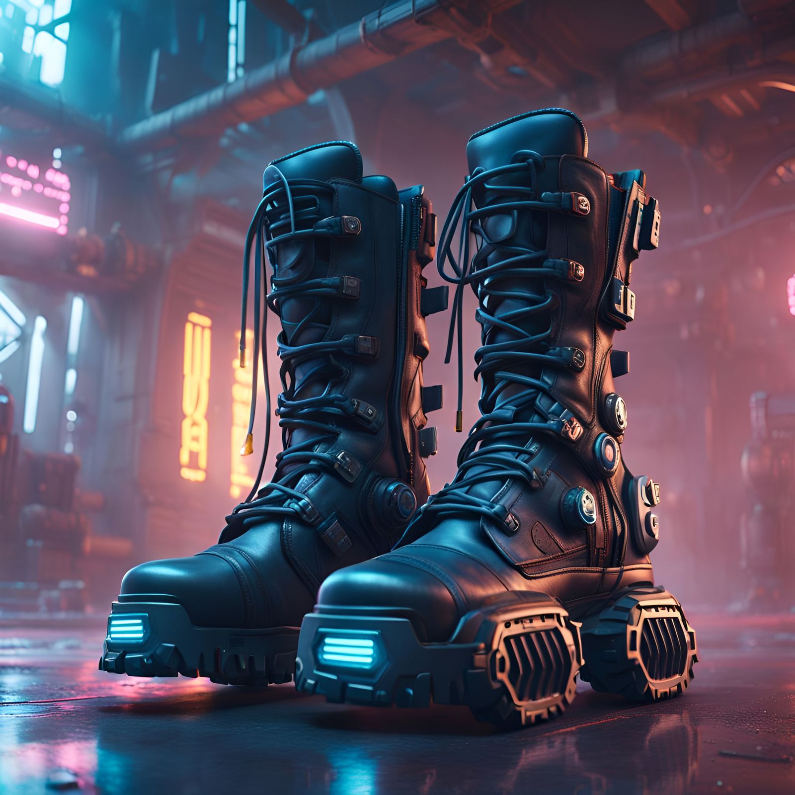 Cyberpunk Wheeled Combat Boots in Volumetric Fog
