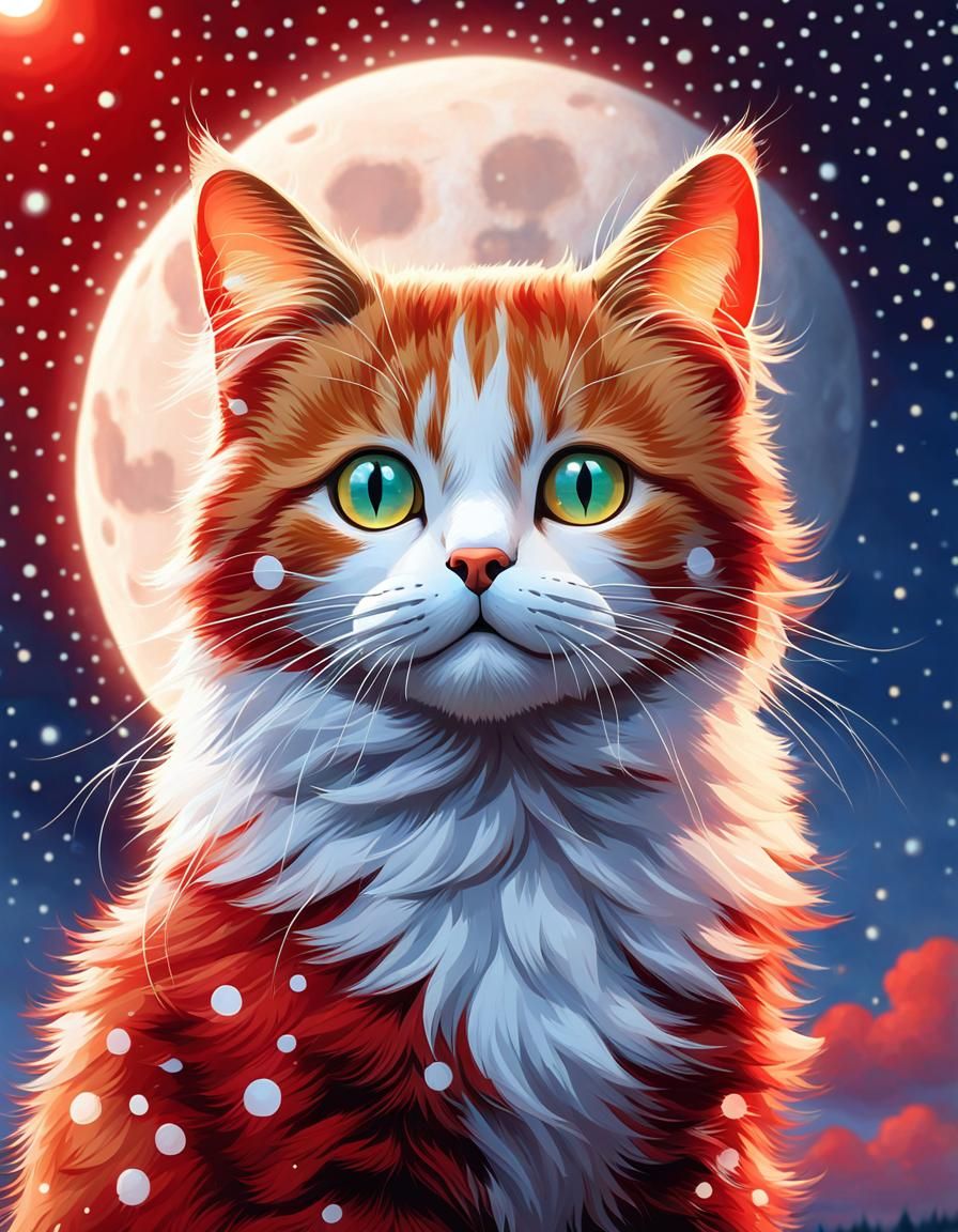 Pointillist Red Cat with Polka Dots