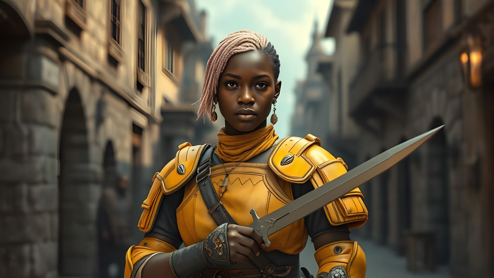 Medieval Mandinka Warrior in Hyperrealistic Yellow Armor