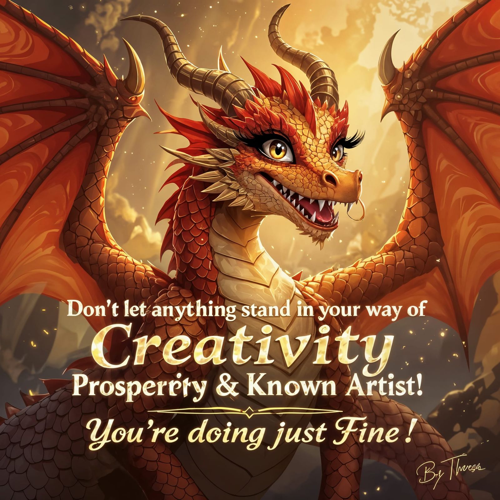 Smiling Bronze Dragon with Gold Wings and Text