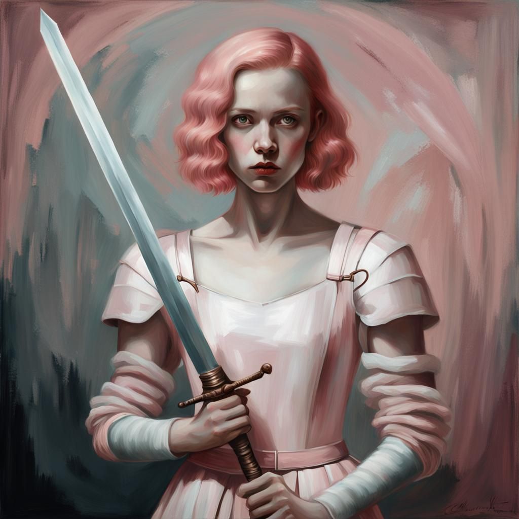 Albino Woman with Sword: Surrealist Oil Portrait