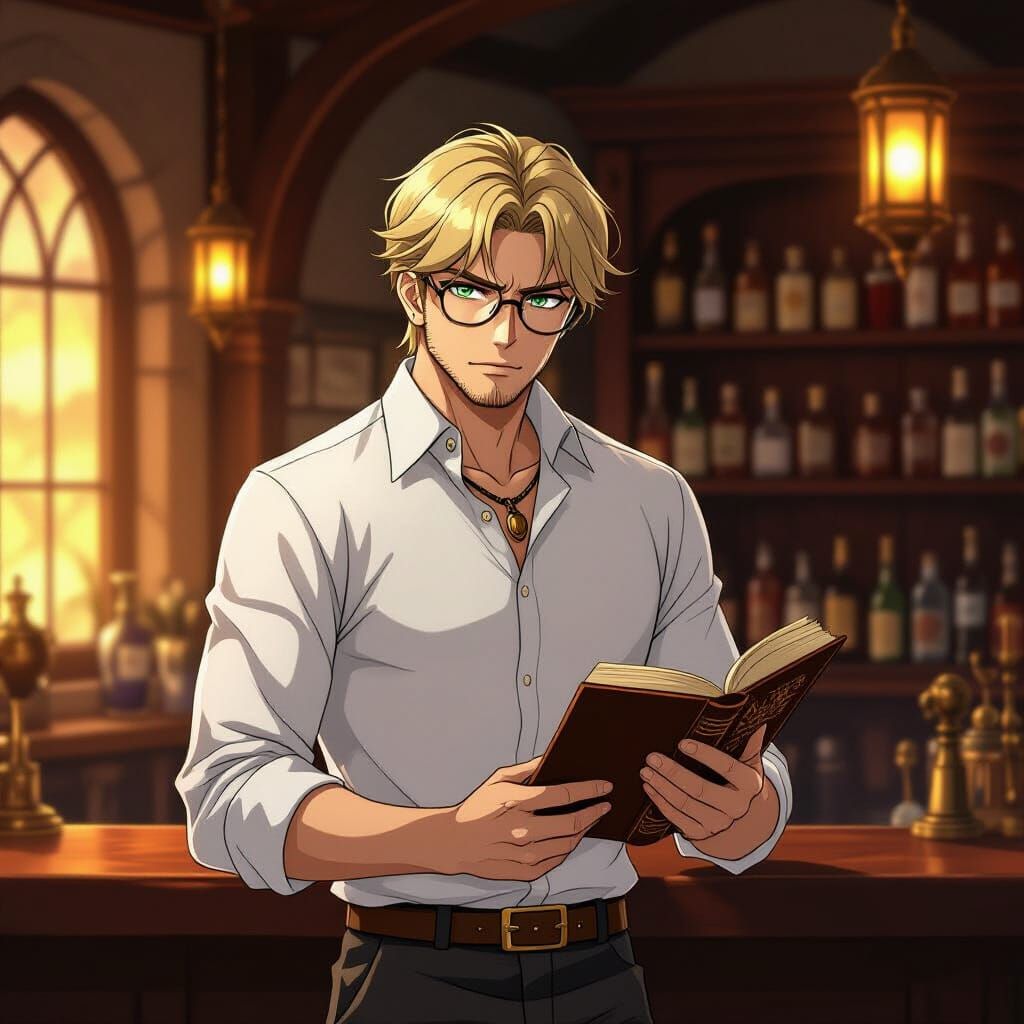 Steampunk Bartender with Book in Golden Hour Lighting