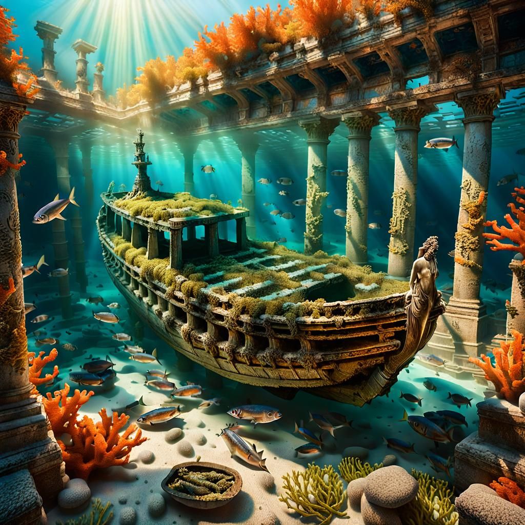 Sunken Greek Ship in Luminescent Depths: Warm Colors