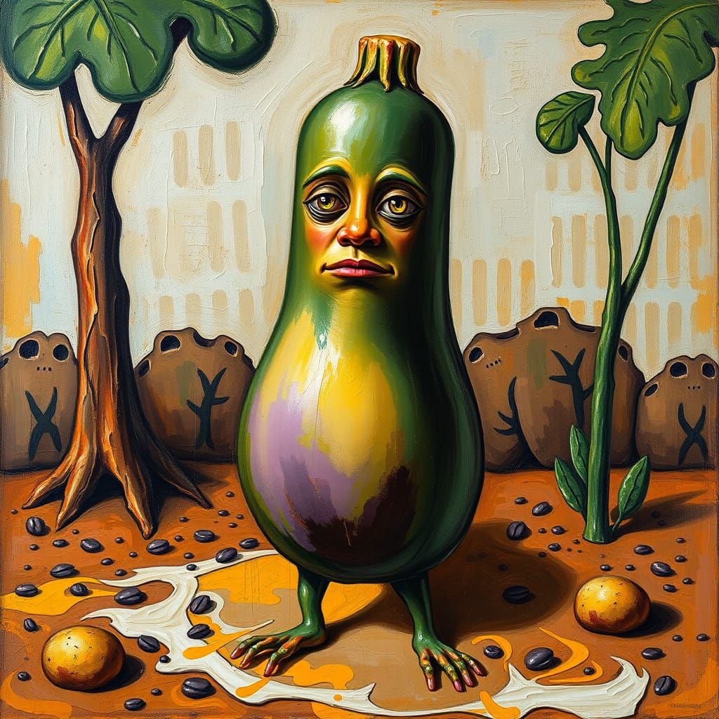 Vibrant Neo-Primitive Zucchini Figure in Earthy Setting