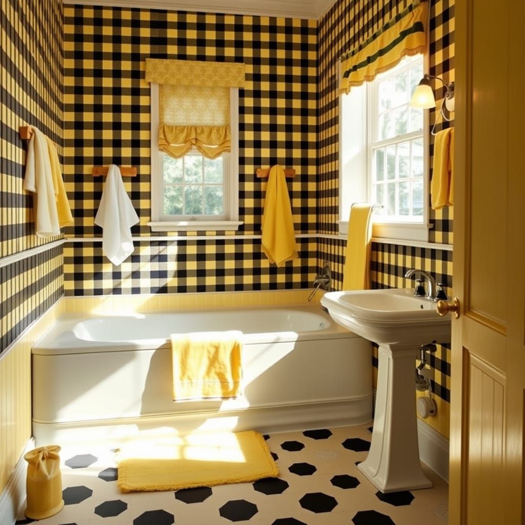 Retro Bathroom with Vintage Gingham Pattern