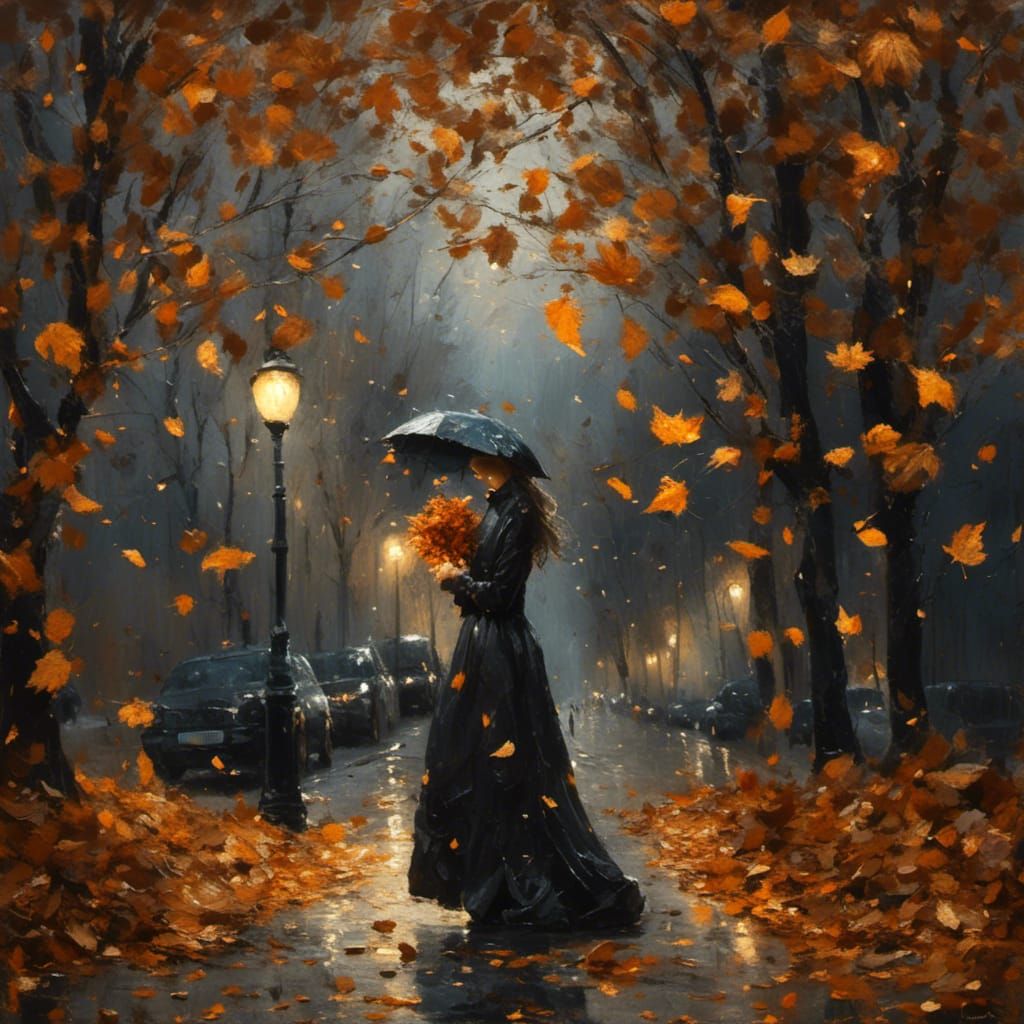 Autumnal Woman Emerges from Falling Leaves