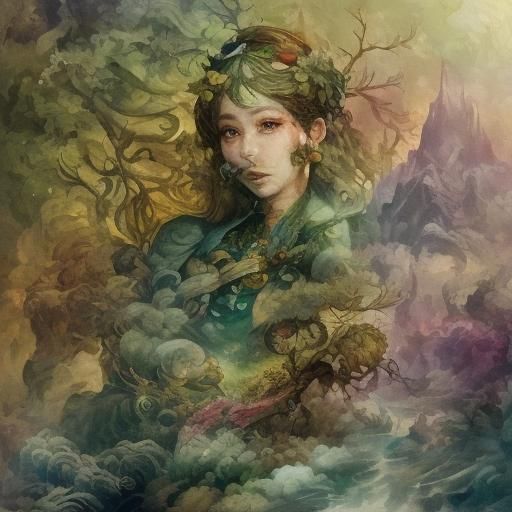 Winged Forest Spirit Portrait in Watercolor Style