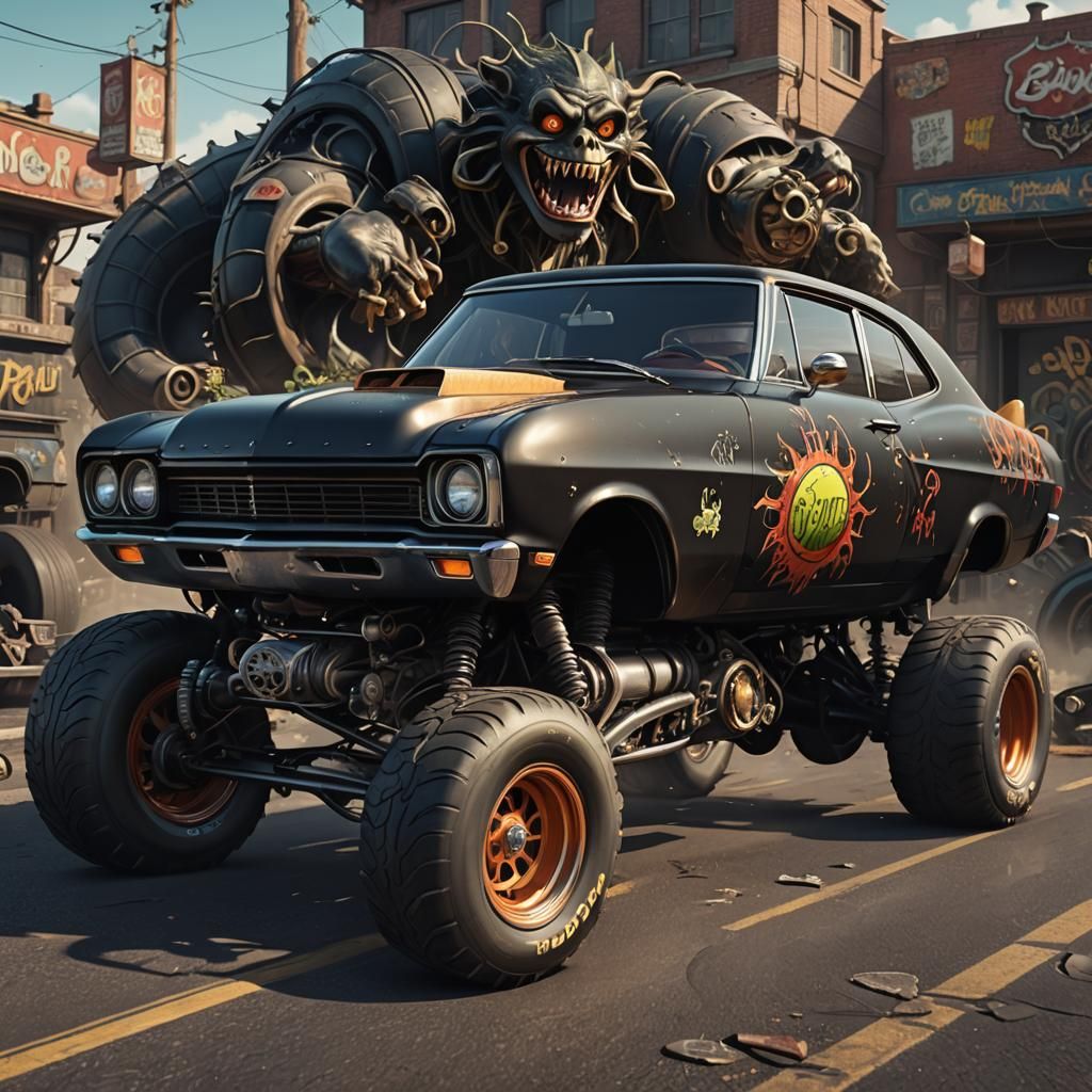 Rat Fink Driving a Black 1969 Skylark