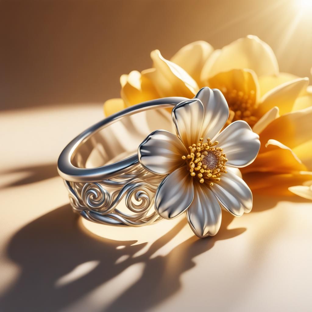Silver Ring with Flowers in Golden Light