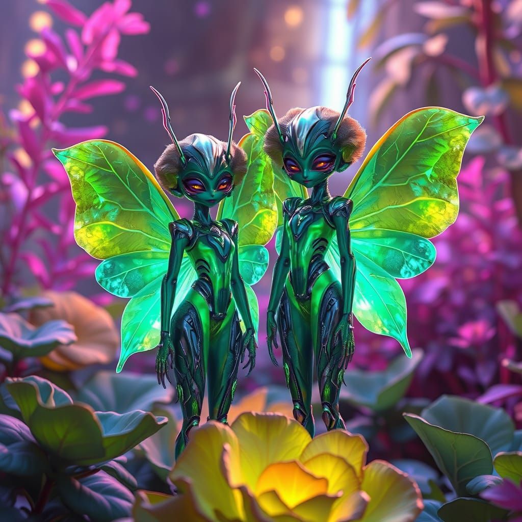 Cybernetic Lettuce Fairies in a Futuristic Garden