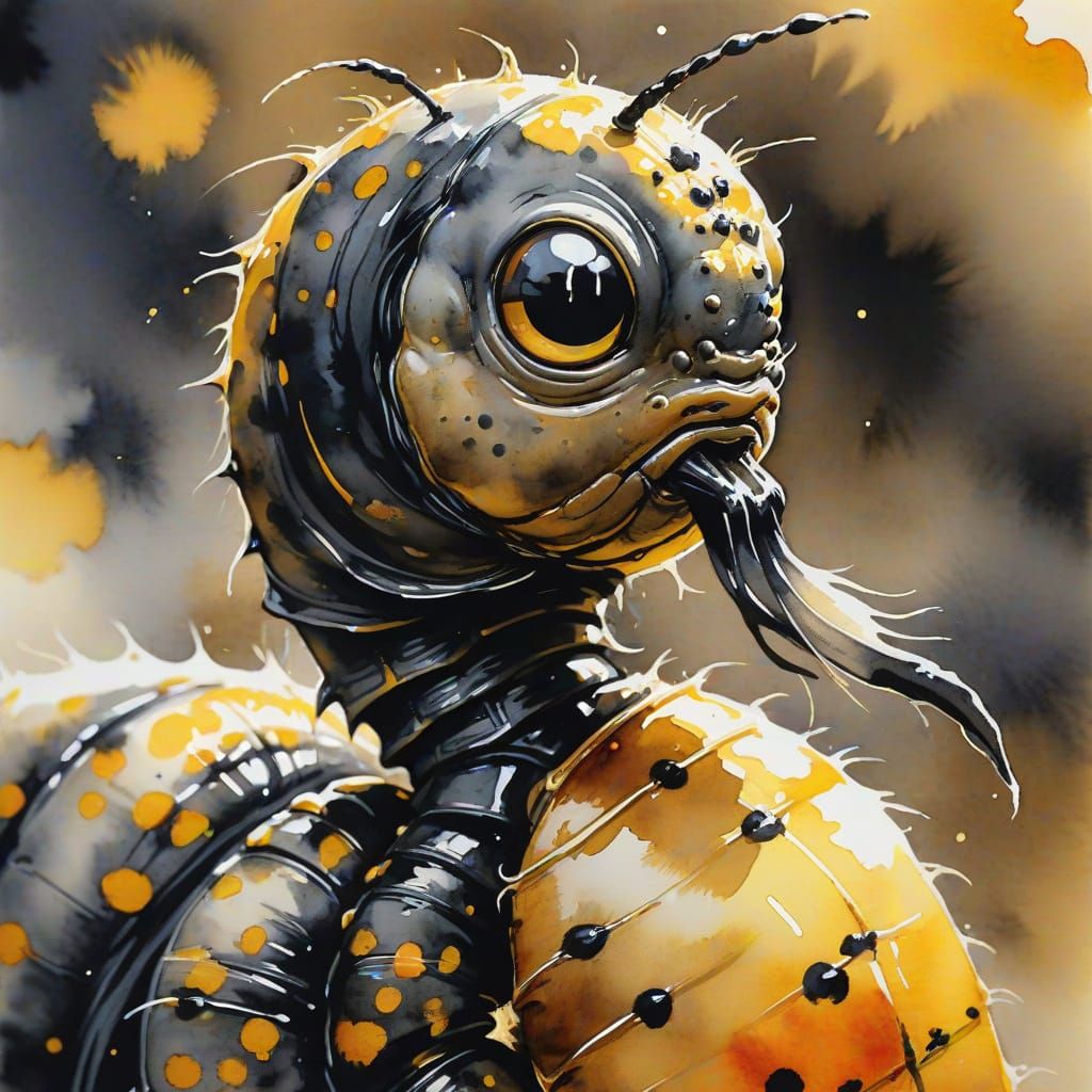 Larva in Sumi-e Style Japanese Ink Painting
