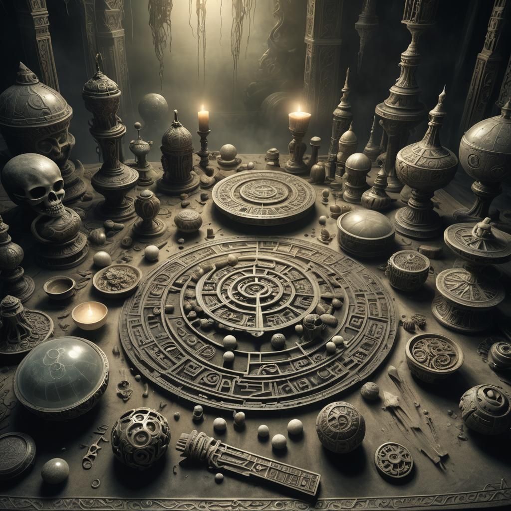Mystical Chamber of Ancient Relics in Dark Fantasy Style