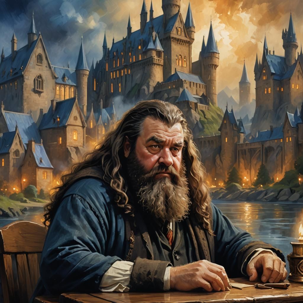 Hagrid Portrait with Hogwarts in Impressionist Style