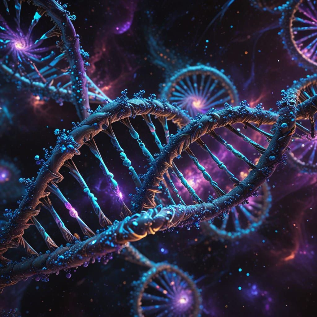 Bioluminescent DNA Helix of Code in Cosmic Art Style