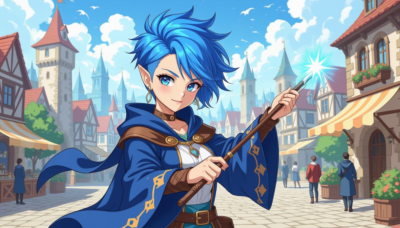 Blue-Haired Female Wizard Wielding Wand in D&D Style