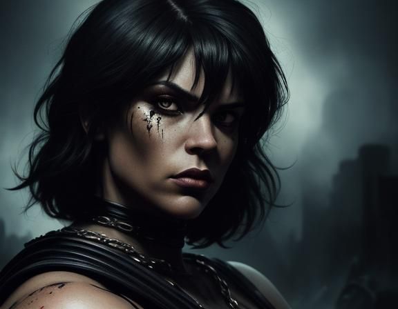 Full Body Portrait. Dark Fantasy Portrait. Close-up. Velma Dinkley, a strong and lonely BBW lady, in a post-apocalyptic ...