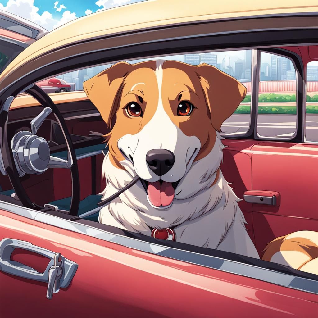 Anime Dog in Car: Japanese Manga Style