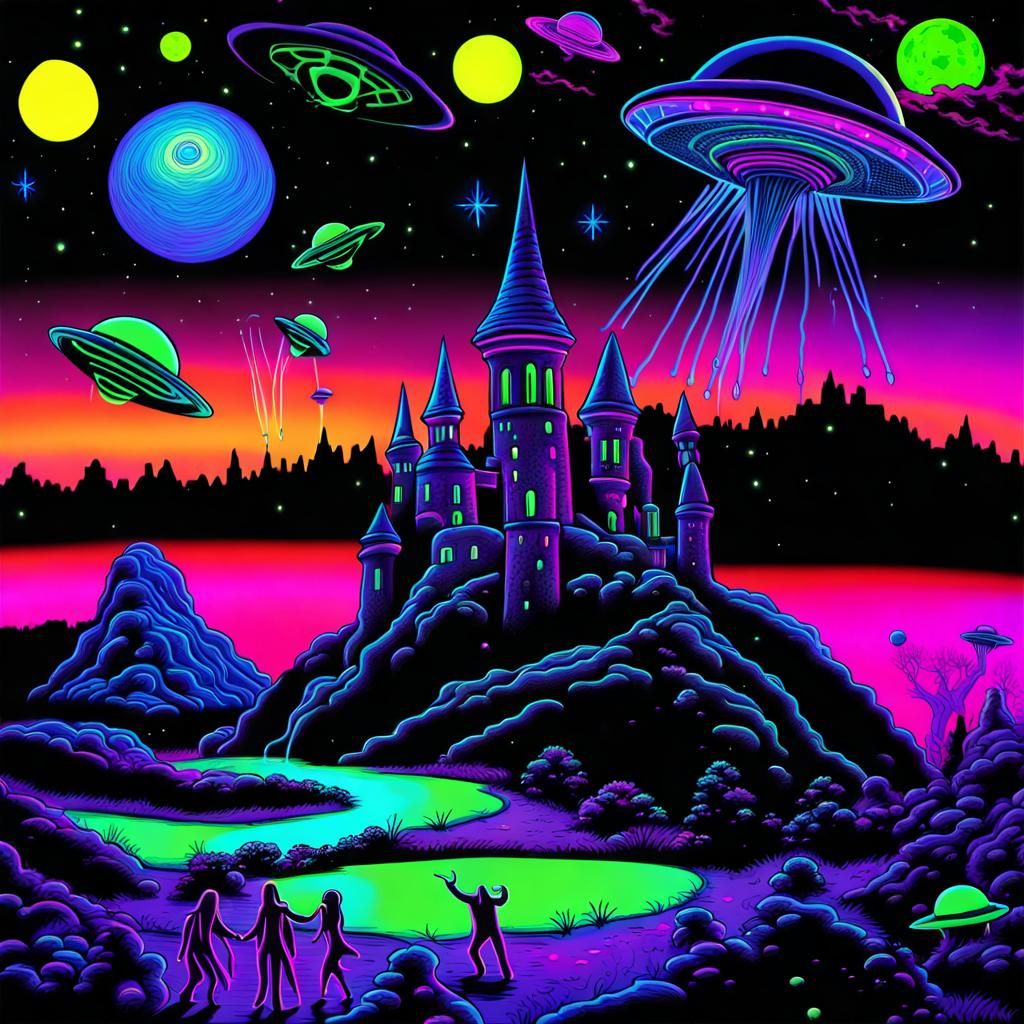 Aliens Attack Castle in UV-Reactive Black Light Art
