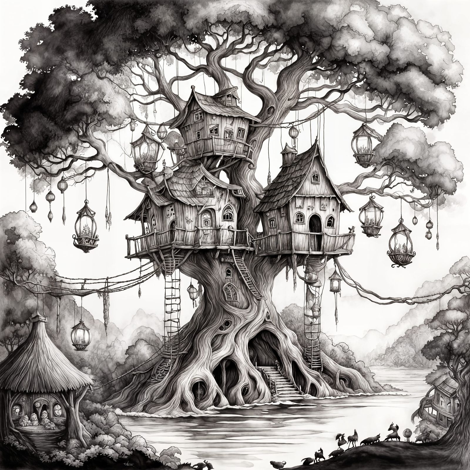 Whimsical Treehouse Village in Fantasy Ink Wash Style