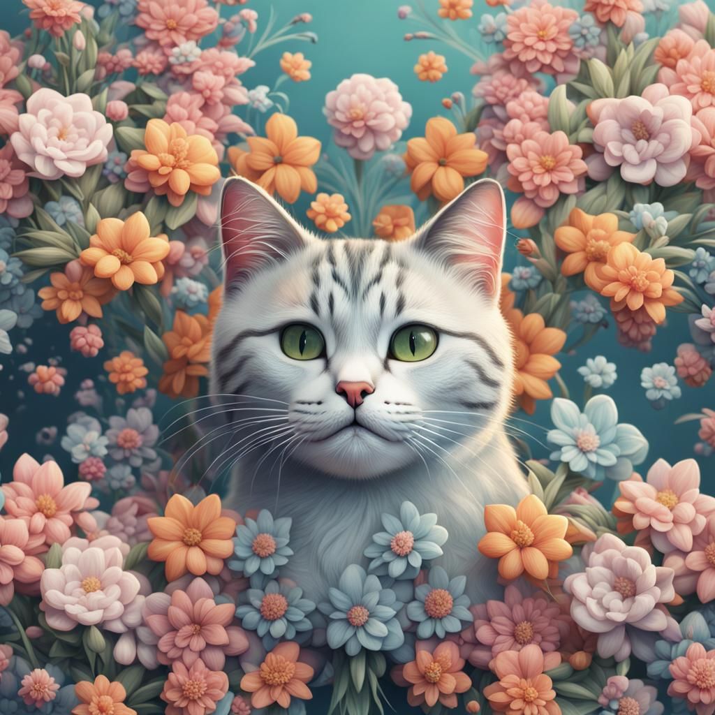 Smiling Cat with Floral Pattern in Pastel Colors