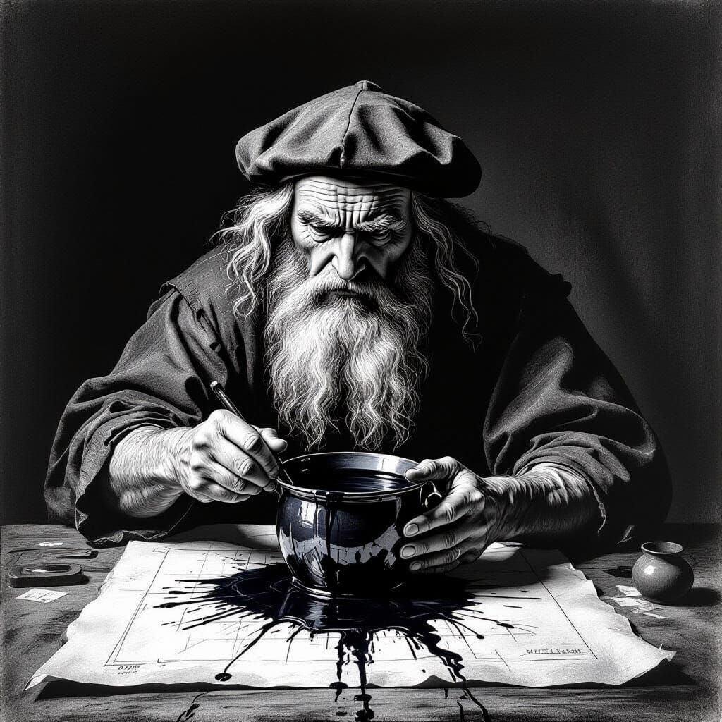 Da Vinci's Ink Mishap: Frustration in Charcoal