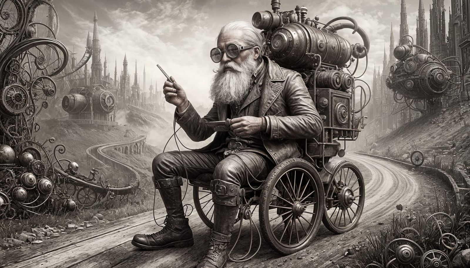 Steampunk Android Engraving on Country Road